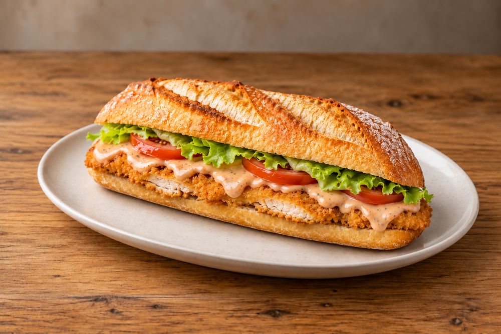 Foto de Pechuga rebozada con salsa rosa, lechuga y tomate