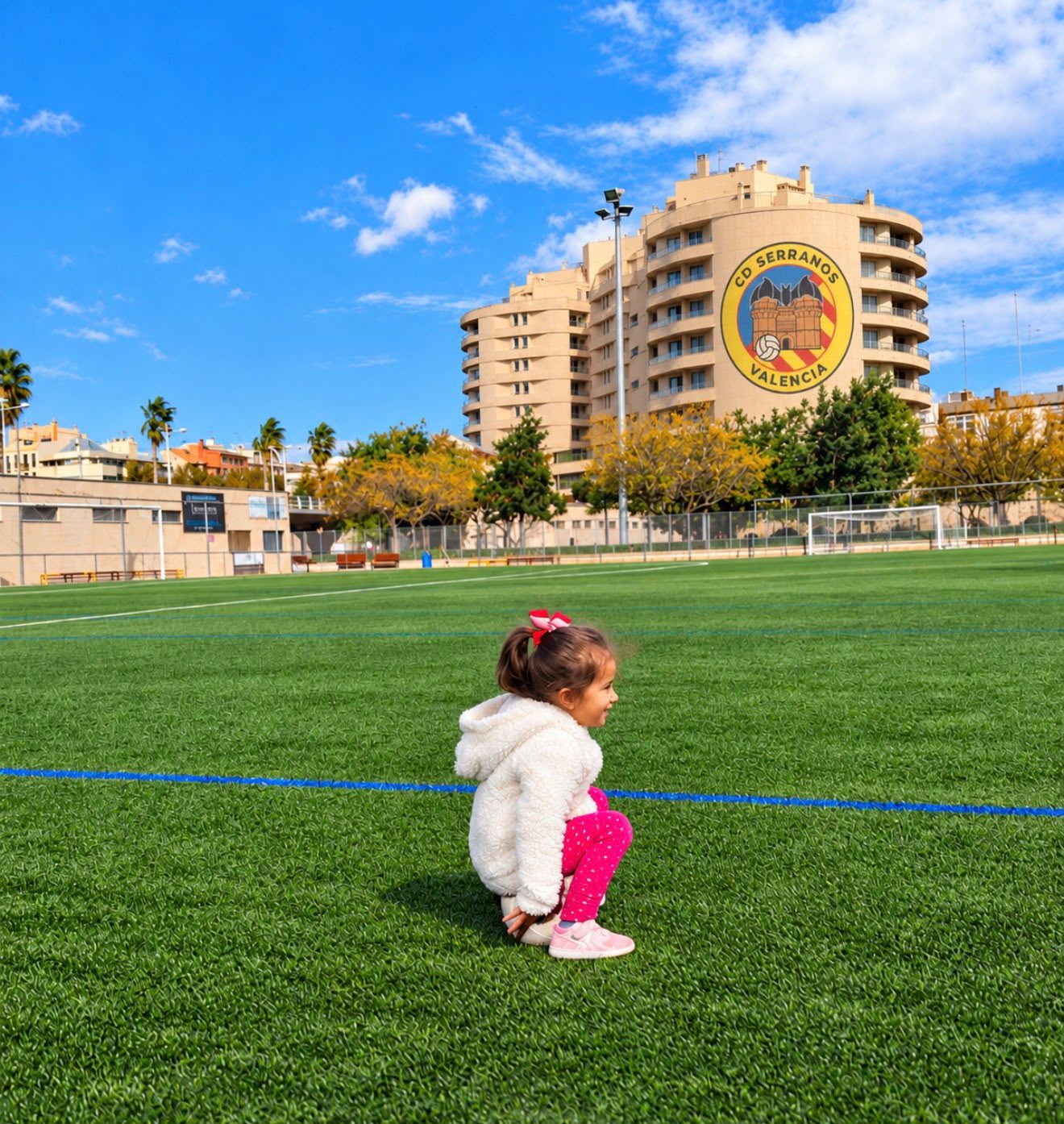 Niña jugando en el campo del CD Serranos, con el escudo del club al fondo