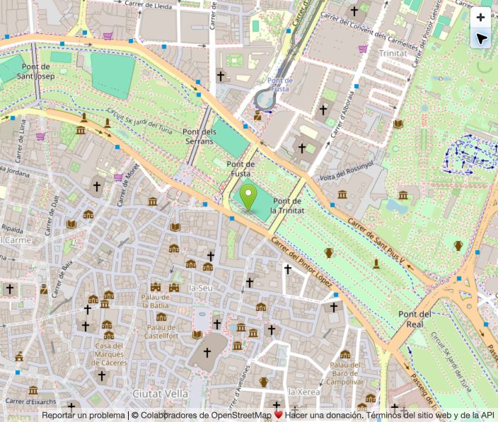 Mapa del Jardín del Turia con la ubicación de El Bar de Serranos, junto al Pont de la Trinitat